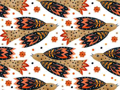 Seamless patterns folk art birds