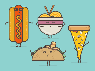 The Lunch Crew cheese chop sticks food hot dog illustration lunch mushrooms noodles pizza stroke taco