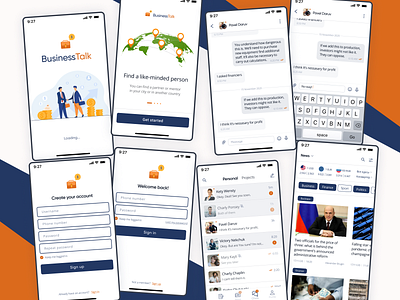 Social network for businessmen and entrepreneurs — Mobile App app authorization business businessman chat app design design app designer designer portfolio entrepreneur mobile onboarding ui social network social networking app ui