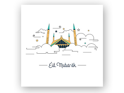 Eid Mubarak Shah Faisal Masjid yellow, blue vector image concept design eid eid mubarak event illustration jepg jpg line art mubarak png poster shah faisal masjid social media post template vector