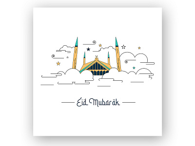Eid Mubarak Shah Faisal Masjid yellow, blue vector image
