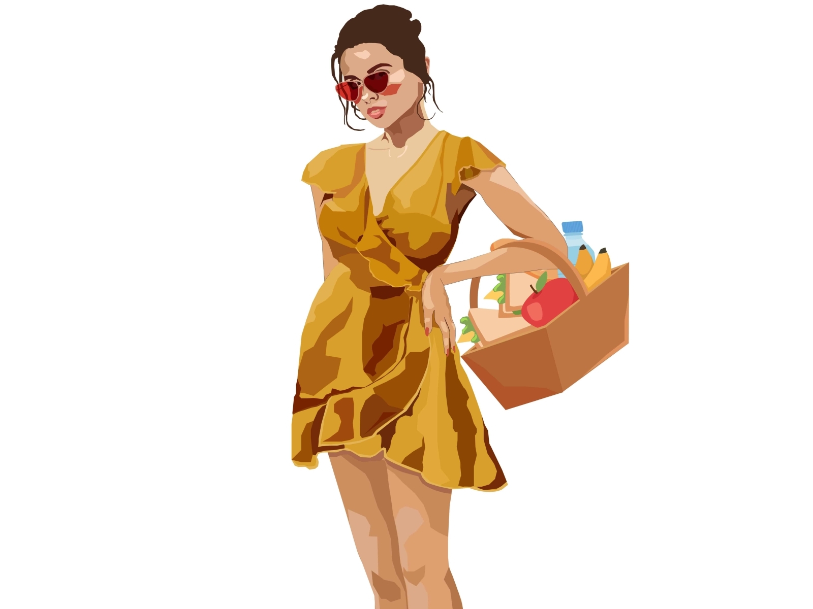 Elegant girl in a yellow ocher dress carries a basket by Polina on Dribbble