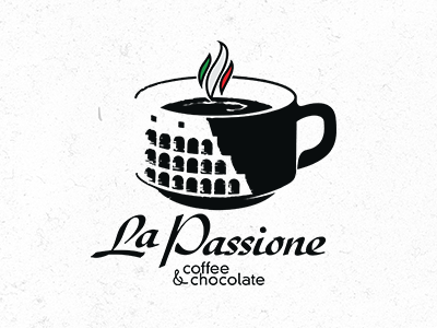 LaPassione Logo cafe chocolate coffee coliseum cup evolvered icon italy logo logo design logodesign logolounge