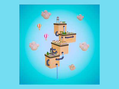 Low Poly Islands ⛅ 3d blender clouds design factory hot air balloon house illustration islands low poly lowpoly lowpolyart oil pump render tree tubes watet tower windmill