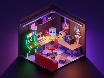 Low Poly 80's Hacker Room 🕹️ 3d 80s atari blender computer design diorama gaming hacker illustration isometric low poly lowpoly lowpolyart polygonrunaway render romanklco room table turorial