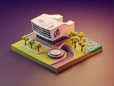 Low Poly Avengers HQ 🏡 3d avengers blender building design diorama illustration isometric low poly lowpoly lowpolyart marvel polygonrunaway render romanklco tree turorial