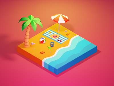 Beach 🌴 3d ball beach blender blender3d colors design diorama glasses illustration isometric palmtree playa render sea shovel starfish summer towel umbrella