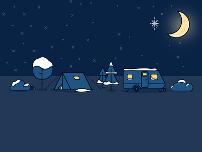 Wintery Scene camping caravan illustration moon night tent winter