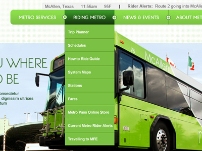McAllen Metro bus drop down menu green metro web design