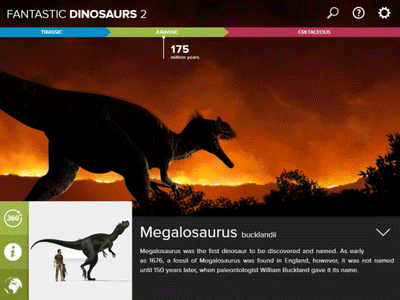 Main interface preview for "Fantastic Dinosaurs 2" app dinosaur ipad parallax slider timeline