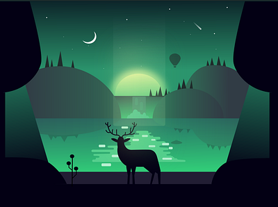 mystic_green dark deer design flat gradient green greenery illustration inkscape landscape nature night ui vector water