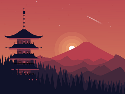 pagoda in the woods design flat illustration japan mountain nature pagoda red sky vector woods