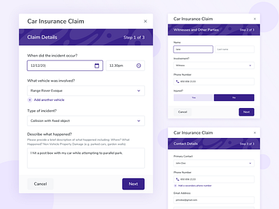 Claims Modals car claim claims design system input insurance modal modals pattern product design purple
