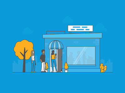 Bring Customers Back Instore branding brick and mortor foot traffic illustration illustrator man plants queing shop small business store strategy trees woman