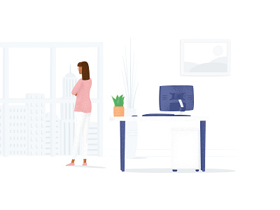 Office with a view business city desktop frame illustration illustrator office office space pink plants shared space texture ui illustration view window woman