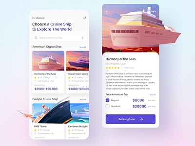 Cruise Travel App 2d clean color colorful cruise cruise ship design illustration mobile app mobile design mobile ui ocean sea ship travel ui uidesign uiux