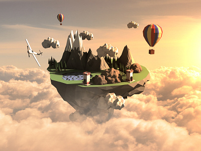 Hidden Landscape - Low poly balloon c4d cgi cinema4d clouds landscape lowpoly plane render sky