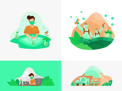 Vol 01 - Covid-19 Scene ambulance corona covid covid 19 covid 19 covid19 flat design green illustration illustration art illustration design illustrations illustrator minimalist orange scene simple wash your hands work from home