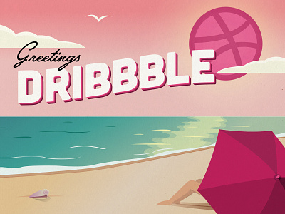 Greetings Dribbble! beach debut first shot illustration postcard retro travel vintage