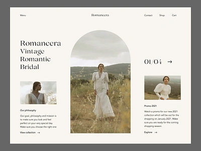 Romancera Vintage Bridal Fashion Website Redesign brand bridal clean design elegant fashion grid modern promo romantic ui ui design uiux ux uxui webdesign