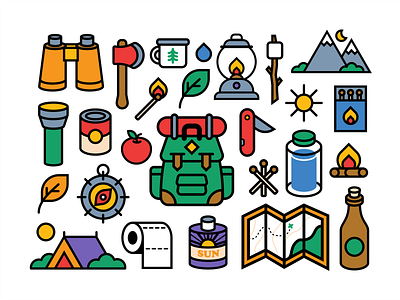 Summer Camping Icons 🏕 backpack beer camp camping fire flat icon illustration nature outline tent vector