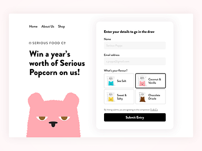 Serious Popcorn Co. Competition Landing Page bear black and white competition daily 100 challenge dailyui desktop give away landing page new zealand popcorn web design