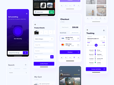 E-Commerce App Screens app ui app ux checkout e commerce app ecommerce editorial mobile app neuomorphic neuomorphism peer to peer product listing search shipment shipping skeuomorphic skeuomorphism tracking trend ui design video upload