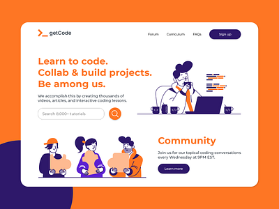 getCode community landing page adobexd coding daily ui flat illustration landing page design landingpage uidesign uiux uiuxdesign uxdesign webdesign website website design