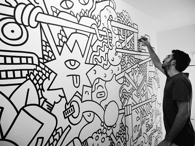 BRAND NEW IMPROVISATION MURAL animals black and white character creative doodle doodles doodling drawing graffiti illustration illustrator improvisation line marker mural murals pattern plants streetart wall