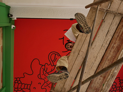 BALDO PASTA backstage black brush ceiling doodle flex interior mural painting red sdeviano spaggeti wall