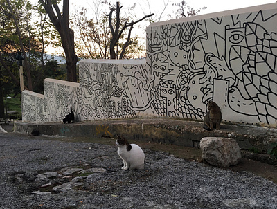 Cats architecture athens black brush cat cats characters doodle graffiti graphics handdrawn illustration interior line marker mural outside sdeviano wall