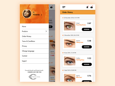 Side Menu & Order History app app screens branding ecommerce ecommerce app ecommerce design illustration interaction design lens outline ui vector