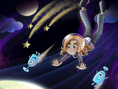 Space dreams art artwork character characters childrens illustration colour dreams galaxy girl character illustration monsters night planet sketching ui