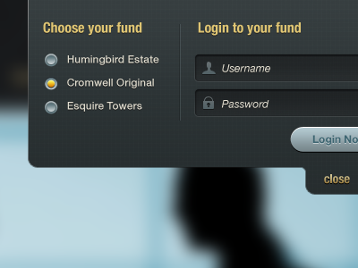 Cromwell Login buttons fields form helvetica icons login radio select tabs