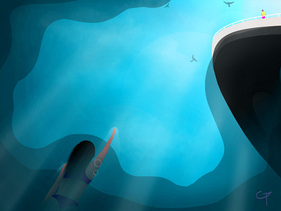 Underwater 2d illustration illustration digital ocean illustration ship swimming underwater upside down water