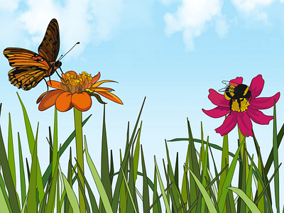 Flower Scene bee butterfly children book illustration childrens book design flowers graphic design grass illustration