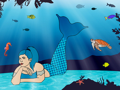 Mermaid Scene design fishes graphic design illustration mermaid seahorse turtle