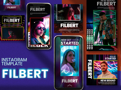 Filbert Neon Istagram Post Stories animated branding color design digital art instagram instagram banner instagram post instagram stories instagram story instagram template instagram templates neon post posts social media social media pack social media template stories story