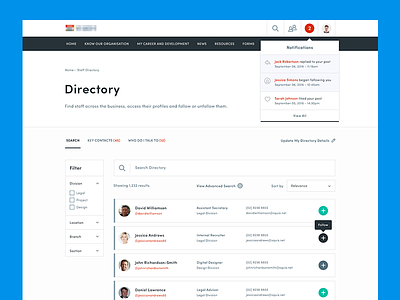 Staff Directory dashboard intranet list product search ui ux web