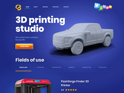 3D printing studio 3d design flat landing page model print printer scleromorphic studio ui web