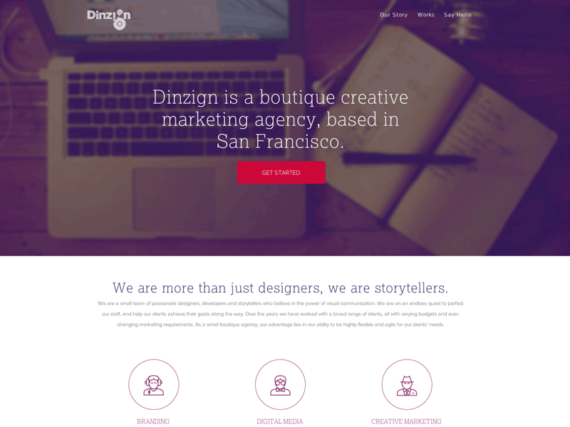 Dinzign homepage clean flat full browser header homepage landing page minimal purple responsive website