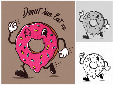 Donut run. Eat me. character donut illustration retro vintage