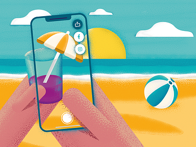 Cocktail time! beach beachball brush coast hot illustration man sea share smartphone summer sun