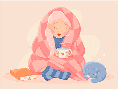 Cozy tea party 2d book cat character girl illustration illustrator pink plaid tea tea party texture ui warm