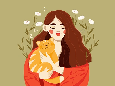 Girl and ginger cat cat character character design flowers ginger girl green illustration illustrator meditation procreate red vector