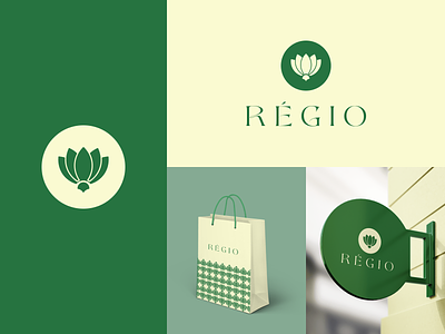 Régio Logo Design brand identity branding design figma flat graphic design green icon illustration illustrator logo logomark minimal mockup shop vector
