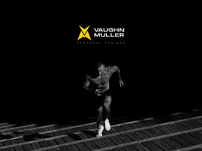 Vaughn Muller black brand identity branding design figma fitness flat graphic design icon illustrator logo logomark minimal trainer vector vm workout yellow