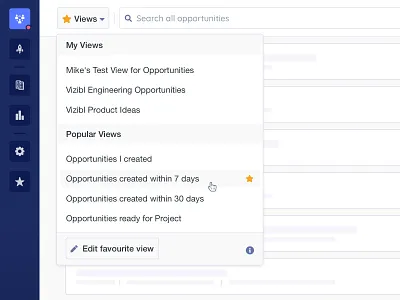 Vizibl Reworked Saved Views b2b blue dropdown edit favorite platform popular popup saved search star view vizibl web
