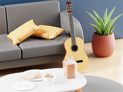 Classical Room Guitar 3d blender illustration