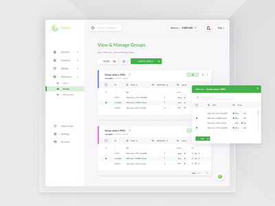 Cloud service dashboard add new cloud app cloud service concept dashboad data english green groups management system menu design popup design resources saas saas design ui ux view